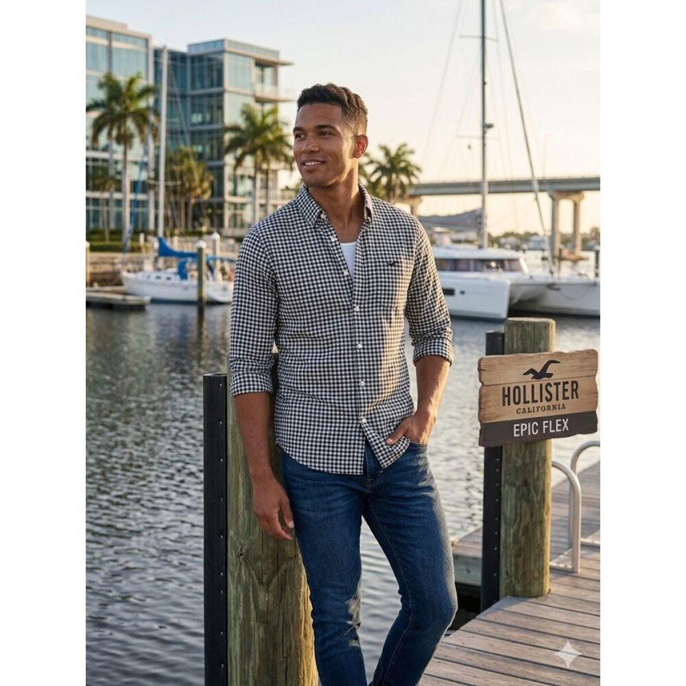 Hollister Muscle Fit Long Sleeve Size XL Shirt Black White Gingham Epic Flex